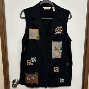 Bechamel Safari Animal Patch Vest Large Black Button Front Giraffe Zebra Novelty